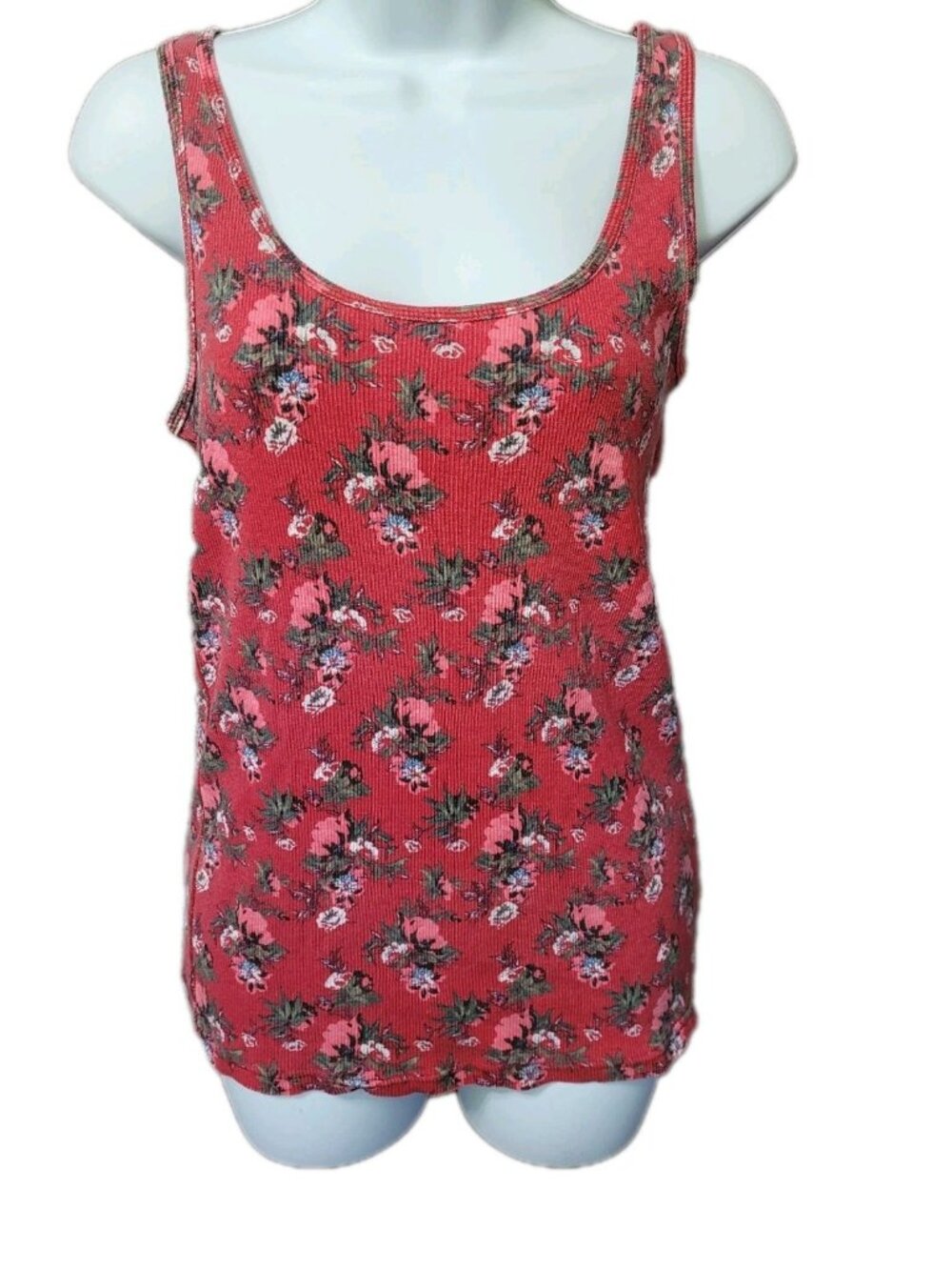 Vintage Y2K‎  Tank Top Ribbed Knit XL Stretch 90s Preppy Red Floral